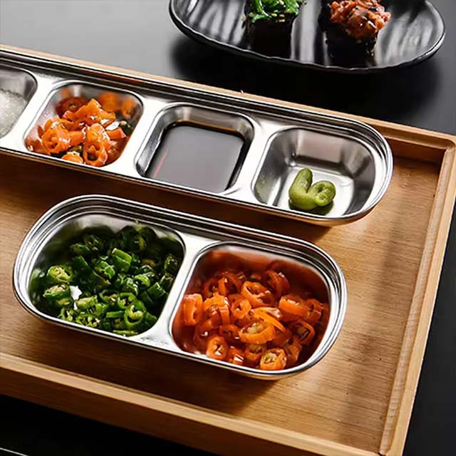 Stainless Steel Divided Dip Bowls – Sauce & Condiment Tray for BBQ, Vinegar, Ketchup, Salt & Spices