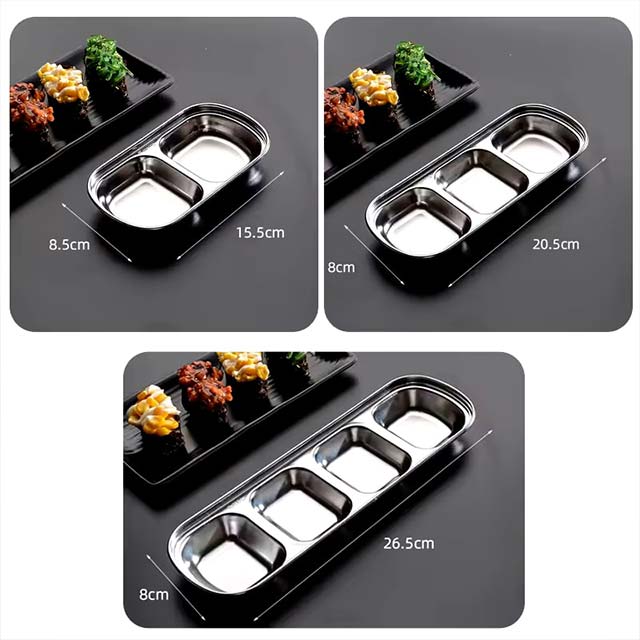 Stainless Steel Divided Dip Bowls – Sauce & Condiment Tray for BBQ, Vinegar, Ketchup, Salt & Spices