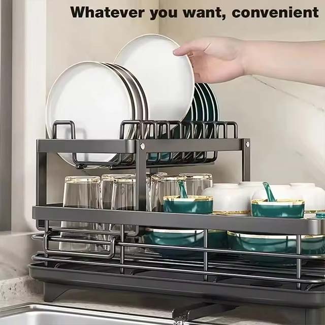 Adjustable Dish Drying Rack – Kitchen Plate Organizer with Drainboard for Over-Sink & Countertop Cutlery Storage