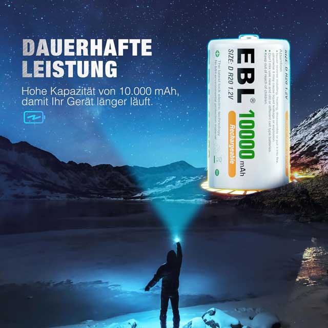 EBL Mono D Akku 10000mAh – 2 Pack Rechargeable Ni-MH Batteries for High-Performance Devices