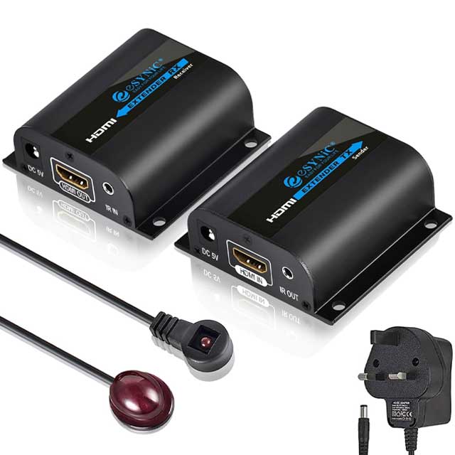ESynic Professional 1080P HDMI Extender & Splitter – 60m HDMI Transmitter/Receiver with IR Using Cat 6/Cat 7 Ethernet Cable for PS3, PS4, Satellite Boxes & More