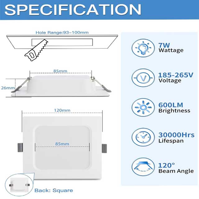 مصباح Eande LED مسطح للغاية مدمج - 7 واط، 600 لومن، 2800 كلفن أبيض دافئ، مصباح سقف مربع رفيع 26 مم، مصابيح كشاف 230 فولت مثبتة في السقف لغرفة المعيشة والحمام (أبيض)