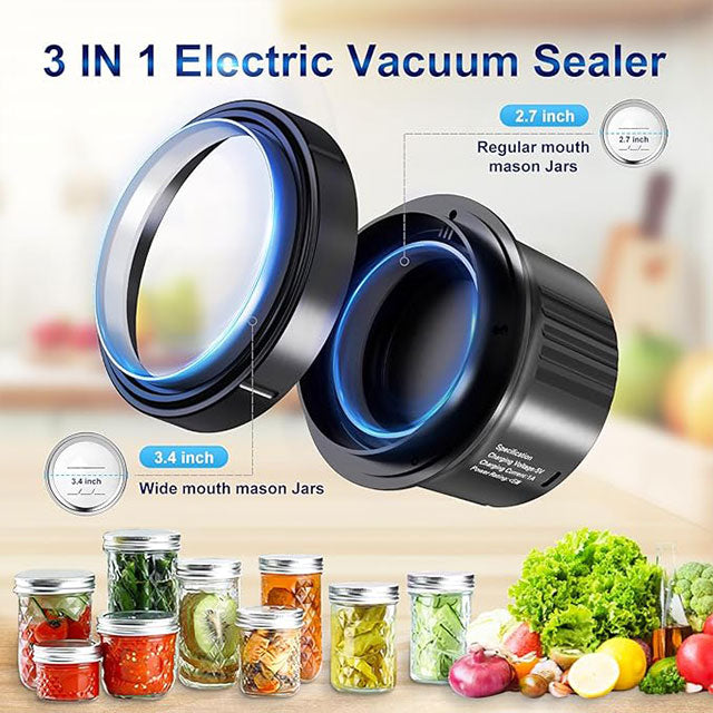 Electric Mason Jar Vacuum Sealer – 3-in-1 Cordless Jar Sealer for Regular & Wide Mouth Jars & Vacuum Bags, Auto-Stop Food Storage & Fermentation System