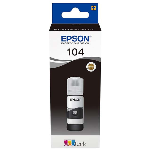 Epson EcoTank 104 Series 65 ml Ink Bottle – Black Dye & Pigment Ink, Single Pack for EcoTank Printers