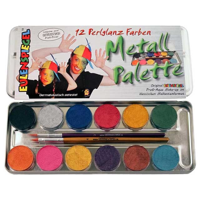 Eulenspiegel 212028 Metal Pearlescent Colour Palette – 12 x 2.5ml Makeup Paints with 2 Precision Brushes for Radiant, Shimmering Looks