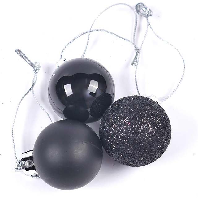 Festive Black Glitter Christmas Tree Balls – Shatterproof Hanging Ornaments for Xmas Holiday Decor (Shiny, Matte & Frosted Finishes)