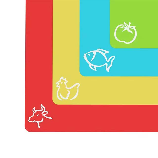 Set of 4 Flexible Non-Slip Cutting Mats – 15"x12" Plastic Chopping Boards with Food Icons for Kitchen Prep