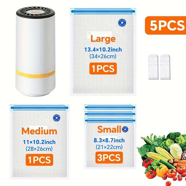20P/5P Food Vacuum Sealing Bags with Handheld Mini Electric Vacuum Pump – Three Sizes for Food Storage, Vacuum Sealing & Refrigerator Organization