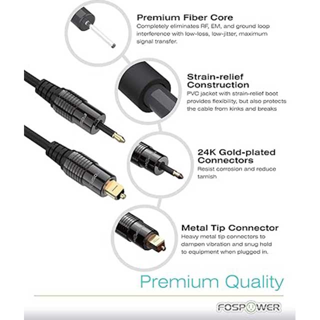 FosPower Toslink to Mini Toslink Digital Optical Audio Cable – 24K Gold Plated, S/PDIF, Metal Connectors, Strain-Relief PVC Jacket