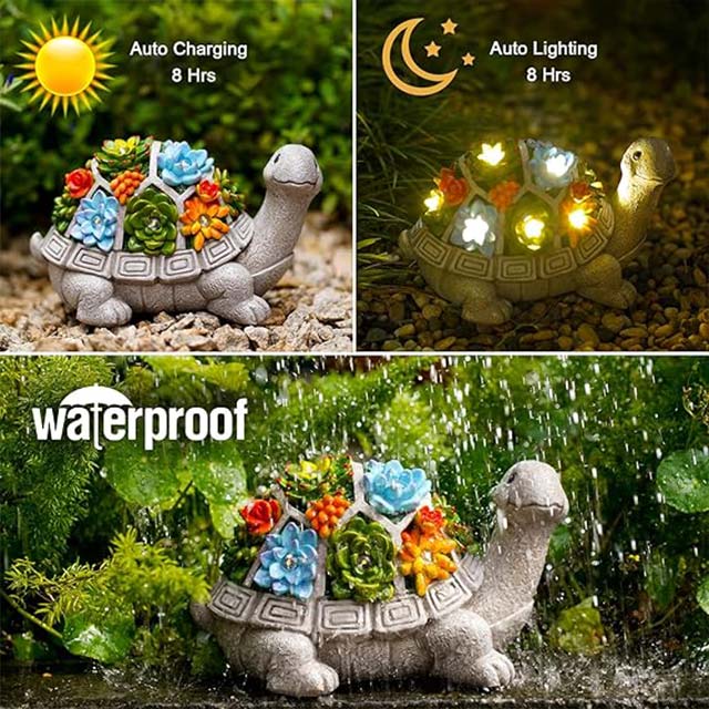 Garden Outdoor Turtle Statue with Succulent & 7 LED Lights – Patio, Yard & Balcony Tortoise Lawn Decor & Unique Housewarming Gift