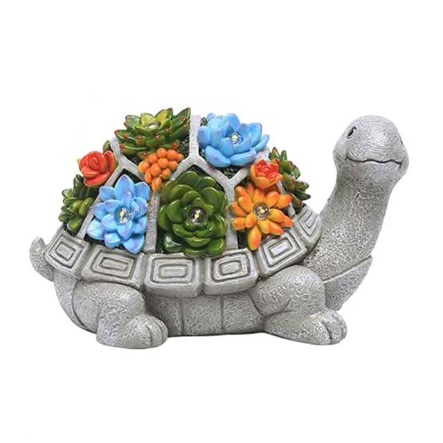 Statue Solaire Tortue Avec Plantes Grasses Et 7 LEDs – Décoration De Jardin, Balcon, Terrasse