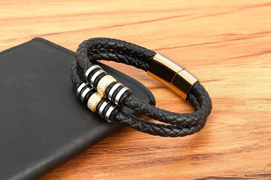 Double Layers Braided Stainless Steel Black Leather Bracelets For Men (EGBT063)