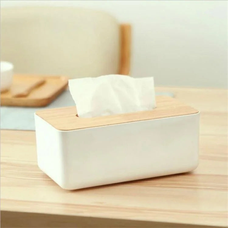 Modern Plastic Tissue Box with Wooden Lid – Napkin & Wet Wipes Storage Organizer for Home, Office & Car