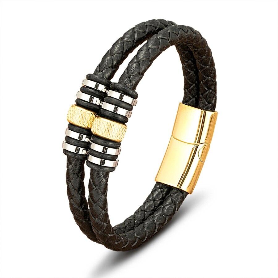 Double Layers Braided Stainless Steel Black Leather Bracelets For Men (EGBT063)