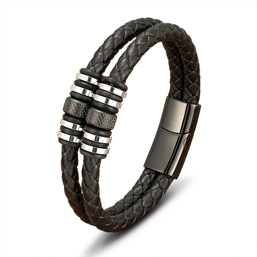 Double Layers Braided Stainless Steel Black Leather Bracelets For Men (EGBT063)