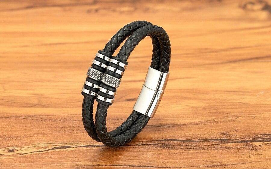Double Layers Braided Stainless Steel Black Leather Bracelets For Men (EGBT063)