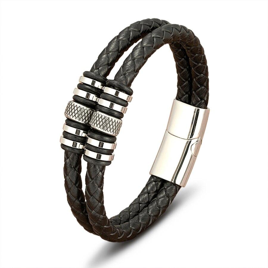 Double Layers Braided Stainless Steel Black Leather Bracelets For Men (EGBT063)