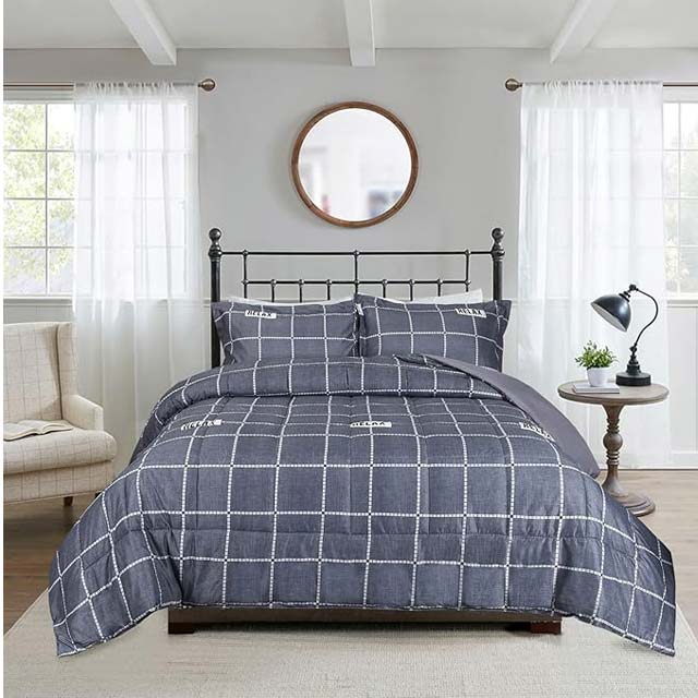 HIG Geometric Check Comforter Set – 3-Piece Reversible Grey Plaid Bedding for Queen & King Beds