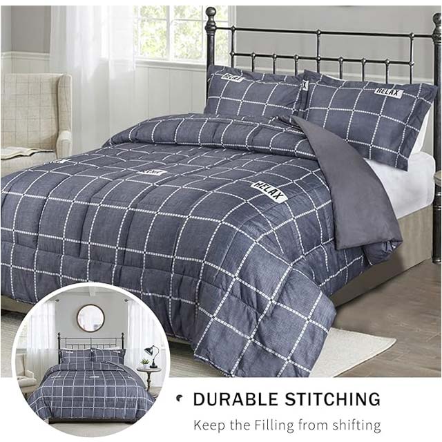 HIG Geometric Check Comforter Set – 3-Piece Reversible Grey Plaid Bedding for Queen & King Beds