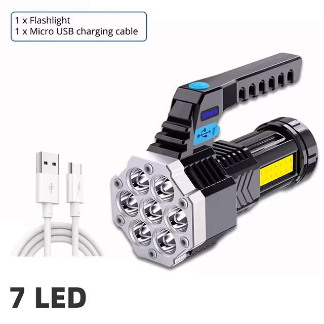 High-Power Rechargeable LED Flashlight – 7LED Camping Torch with COB Side Light, Lightweight & Durable for Outdoor Use