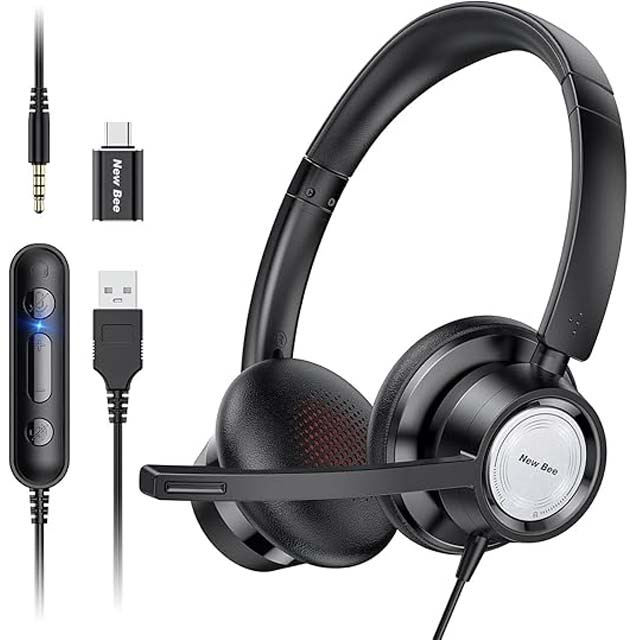 New Bee USB-C & 3.5mm Headset with Noise-Canceling Mic – Ideal for Business Calls, Skype, Online Courses & More (Black)