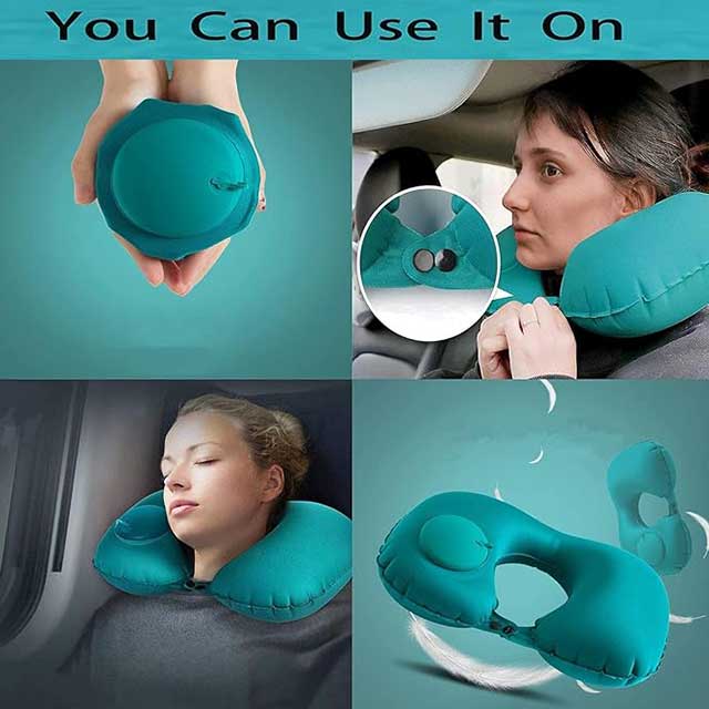 Inflatable U-Shaped Travel Neck Pillow with Push Button – Portable Neck Support Cushion for Office, Home & Airplane Travel | Compact Pillow Kit with Free Travel Pipes