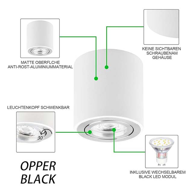 KYOTECH OPPER LED Surface-Mounted Ceiling Light Flat Swivelling 230 V- 5 W GU10 Bulb - 3000 K Warm White - 80 x 84 mm LED Surface-Mounted Downlight
