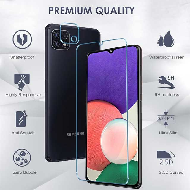 Kiewhay 5-Pack Tempered Glass Kit for Samsung – 3-Pack HD Screen Protectors & 2-Pack Camera Lens Protectors, 9H Hardness, Bubble-Free Film