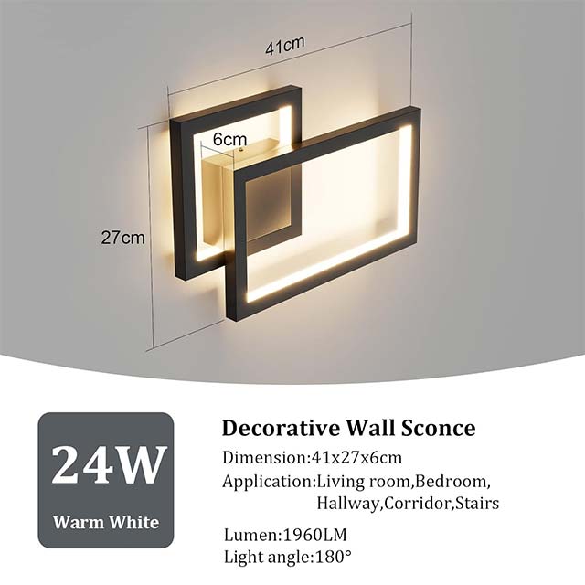Klighten LED Wall Light 24W, 1960LM – Modern Decorative Indoor Wall Lamp for Bedroom, Living Room, Hallway & Stairwell | 110-240V, Warm White 3000K, Black