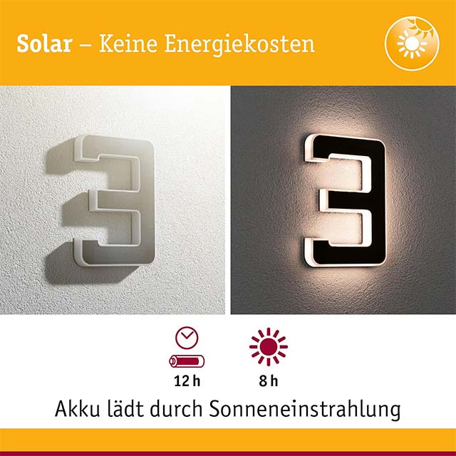 LED Solar House Number 3 – IP44 Waterproof Warm White Outdoor Solar Lamp (0.2W, Battery Changeable, 3000K, Black Plastic)