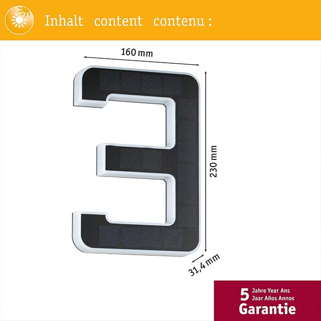 LED Solar House Number 3 – IP44 Waterproof Warm White Outdoor Solar Lamp (0.2W, Battery Changeable, 3000K, Black Plastic)