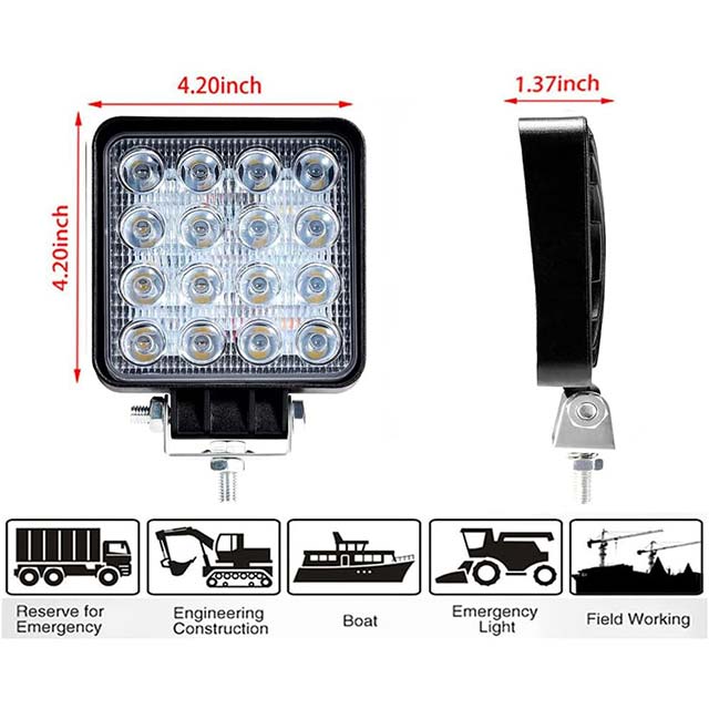 4-Inch 48W LED Work Lights for Trucks – Square LED Light Pods with Flood Beam (12V/24V) for ATV, UTV, RV, Golf Cart, Car & Off Road Fog Lighting