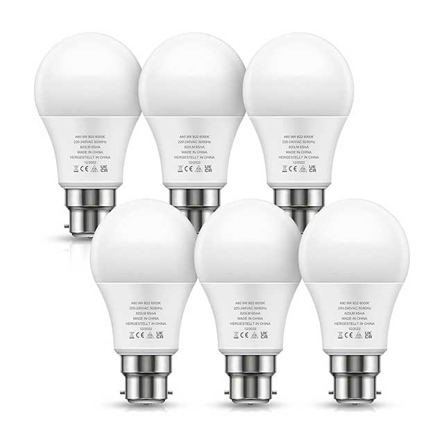 LOHAS B22 LED Bulb, 9W Bayonet Light Bulb, 820LM, 60W Equivalent, Cool White 6000K, Non-Dimmable, Pack of 6