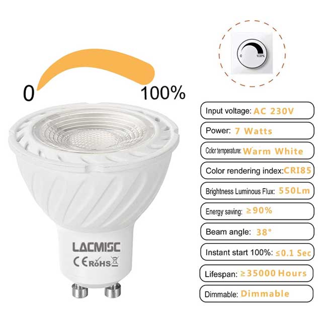 Lacmisc GU10 LED Bulb – 7W Dimmable, Warm White 3000-3500K, 590LM, Energy-Efficient 60W Replacement