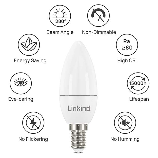 Linkind E14 LED Candle Light Bulbs 4.9W (40W Equivalent) – 5000K Cool White, 500 Lumen, CE/RoHS/ErP Certified, Non-Dimmable Pack of 6
