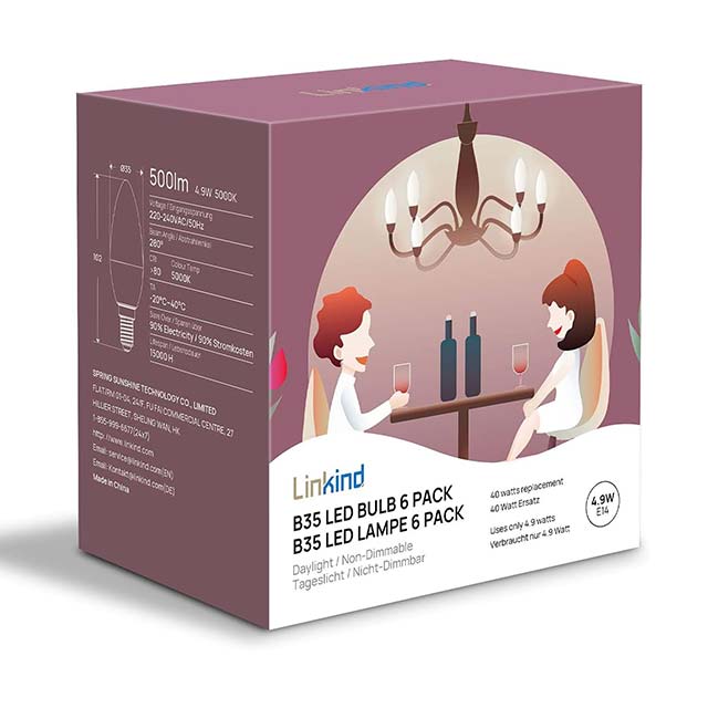 Linkind E14 LED Candle Light Bulbs 4.9W (40W Equivalent) – 5000K Cool White, 500 Lumen, CE/RoHS/ErP Certified, Non-Dimmable Pack of 6