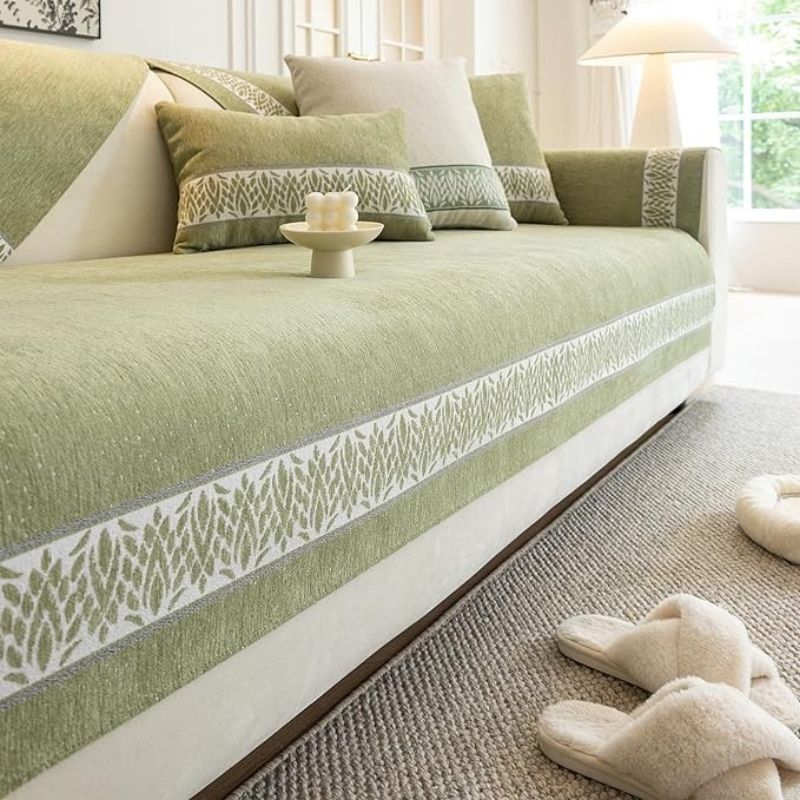 Luxury Anti-Slip Chenille Couch Cover – 1-Piece Sectional Sofa Slipcover – Washable Furniture Protector for All Seasons – Elegant Printing-Green Design for Standard Sofas, Armchairs, and Chaise Lounges