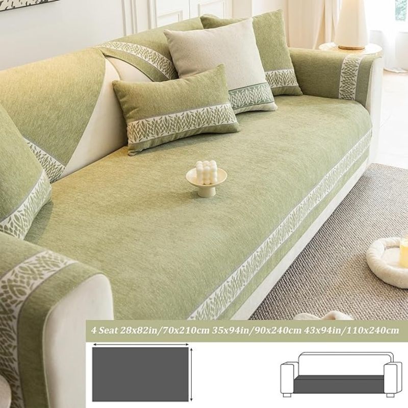 Luxury Anti-Slip Chenille Couch Cover – 1-Piece Sectional Sofa Slipcover – Washable Furniture Protector for All Seasons – Elegant Printing-Green Design for Standard Sofas, Armchairs, and Chaise Lounges