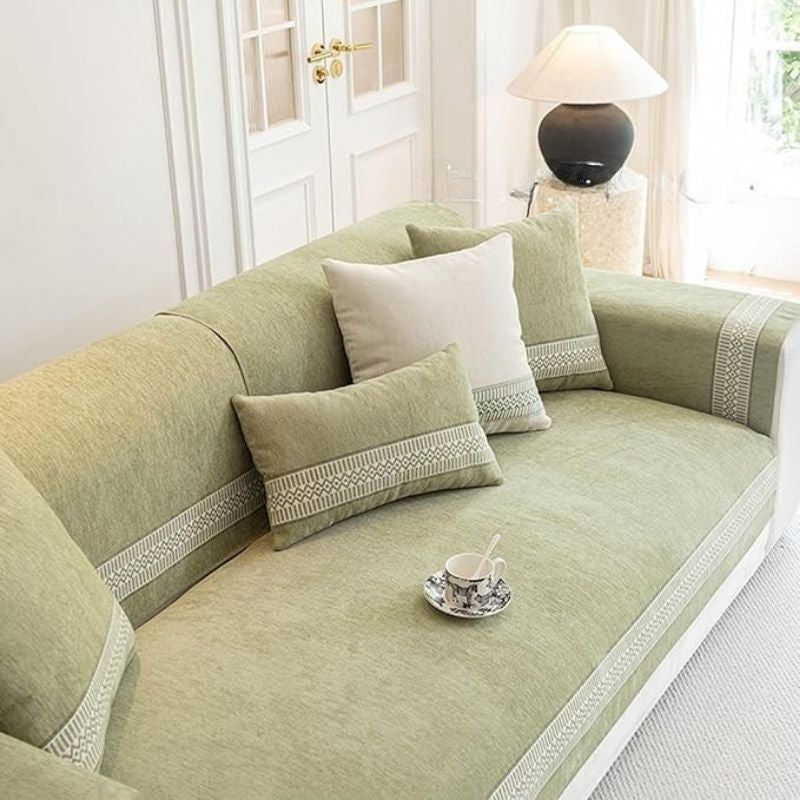 Luxury Anti-Slip Chenille Couch Cover – 1-Piece Sectional Sofa Slipcover – Washable Furniture Protector for All Seasons – Elegant Printing-Green Design for Standard Sofas, Armchairs, and Chaise Lounges