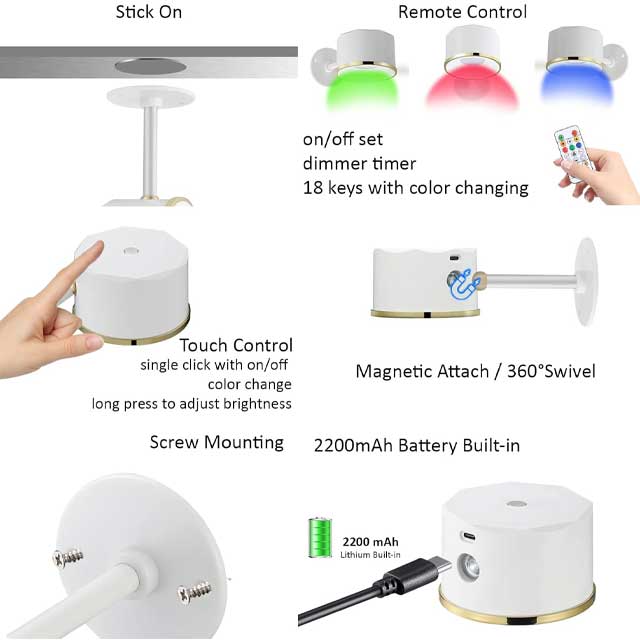 مصباح حائطي لاسلكي LED من MIOBLUE - ضوء قراءة مغناطيسي دوار 360 درجة مع جهاز تحكم عن بعد، إضاءة RGB وقابلة للتعتيم - مصباح حائطي لغرفة النوم، وغرفة المعيشة، والأعمال الفنية، ولوحة السهام (أبيض، فئة الطاقة A+)