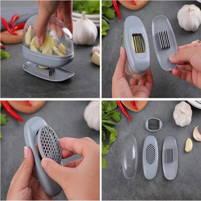 Manual Press Garlic Mincer & Ginger Grinder – Multi-Functional Garlic Presser and Grater – Stainless Steel Kitchen Slicer & Peeler Tool for Fast Professional Meal Prep