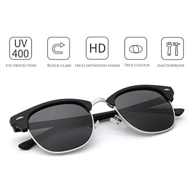 Matte Black Semi-Rimless Polarized Sunglasses – Retro Horn-Rimmed UV Protection Eyewear for Men & Women | Classic Vintage Style Frame