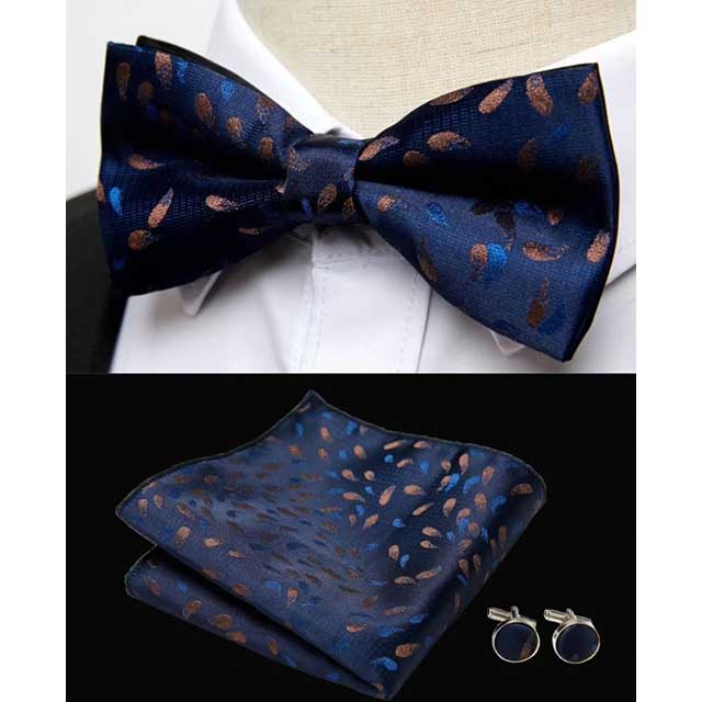 HUISHI Men's Classic Bow Tie Set – Blue Paisley Floral Bowtie with Pocket Square & Cufflinks | Wedding Party Suit Accessory