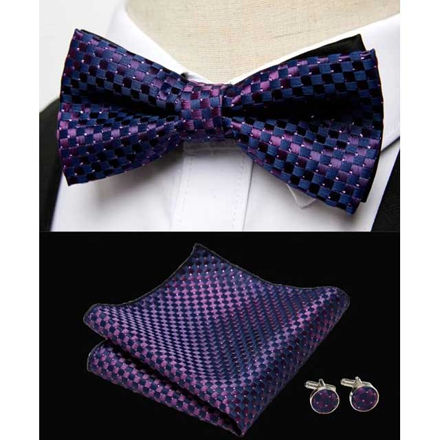 HUISHI Men's Classic Bow Tie Set – Blue Paisley Floral Bowtie with Pocket Square & Cufflinks | Wedding Party Suit Accessory