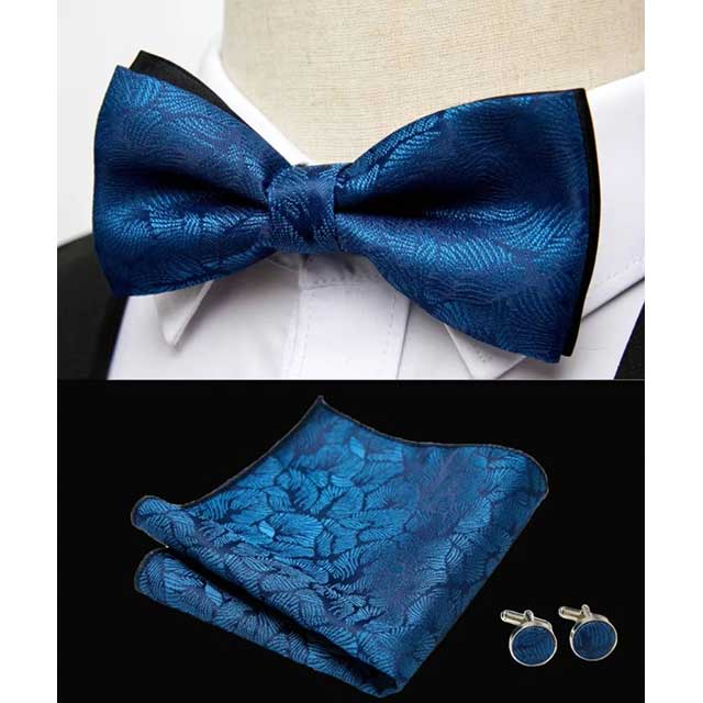 HUISHI Men's Classic Bow Tie Set – Blue Paisley Floral Bowtie with Pocket Square & Cufflinks | Wedding Party Suit Accessory