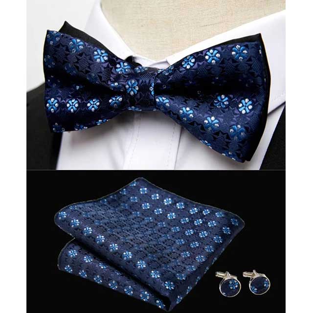 HUISHI Men's Classic Bow Tie Set – Blue Paisley Floral Bowtie with Pocket Square & Cufflinks | Wedding Party Suit Accessory