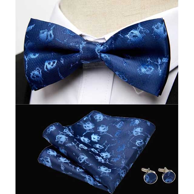 HUISHI Men's Classic Bow Tie Set – Blue Paisley Floral Bowtie with Pocket Square & Cufflinks | Wedding Party Suit Accessory
