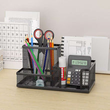 Mesh Desk Organizer & Office Supplies Caddy – 3-Compartment Metal Desktop Storage – Integrated Pencil Holder and Storage Baskets for Stationery, Pens, and Notepads – Sleek Black Professional Workspace Accessory
