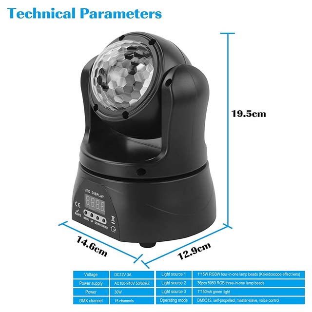30W Moving Head Stage Light & LED Party Light – Double-Sided DJ Lighting with DMX512 Sound Activated Control for Disco, Club, Live Show, Wedding, Halloween & Christmas Events