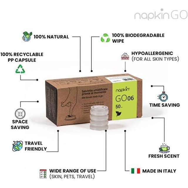 NAPKIN GO 100% Viscose Hypoallergenic Compressed Capsule Wipes – 50 Count with Built-In Moisturizing Liquid & Green Tea Essence